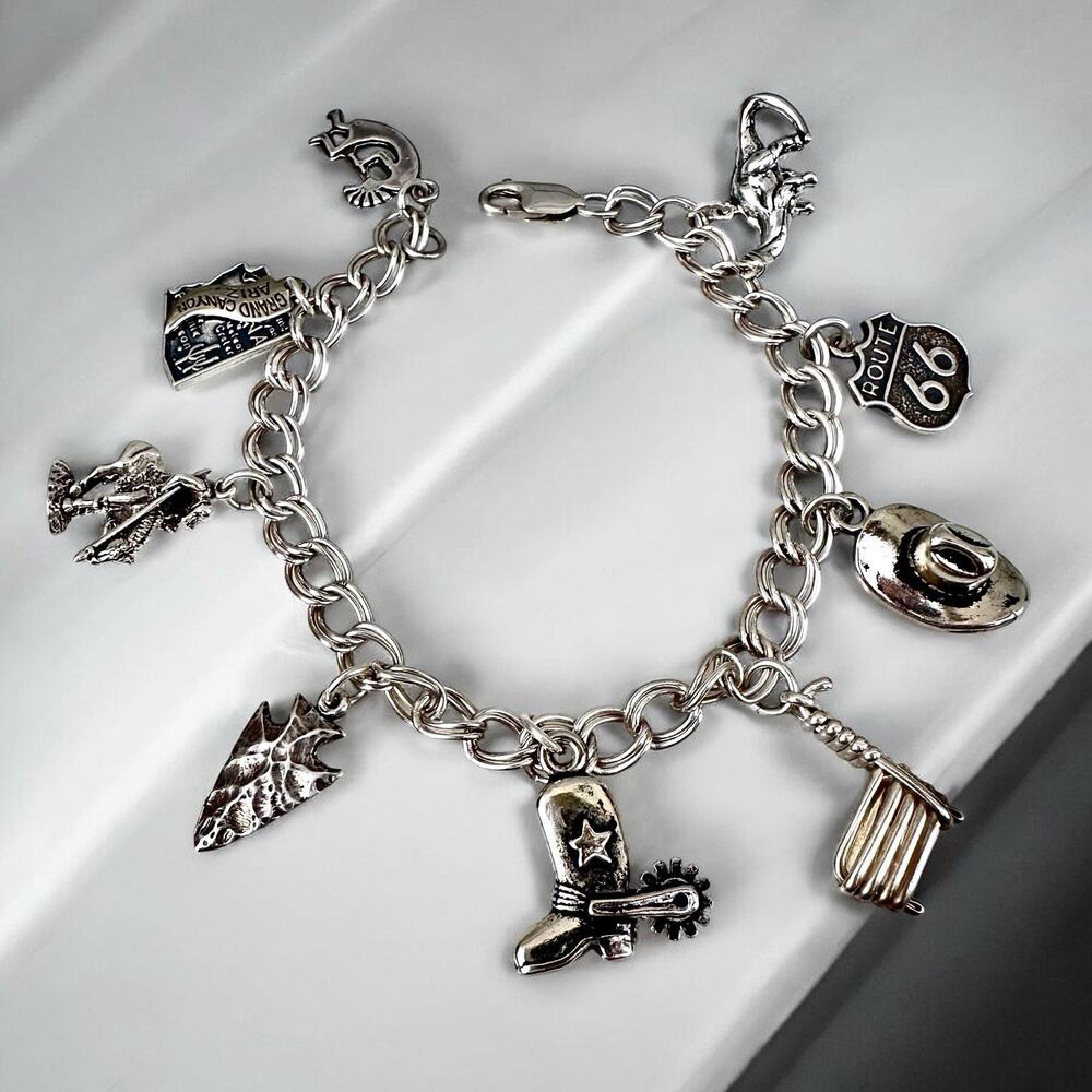 Sterling Silver Route 66 Charm Bracelet Travel Western Southwestern 925 33g